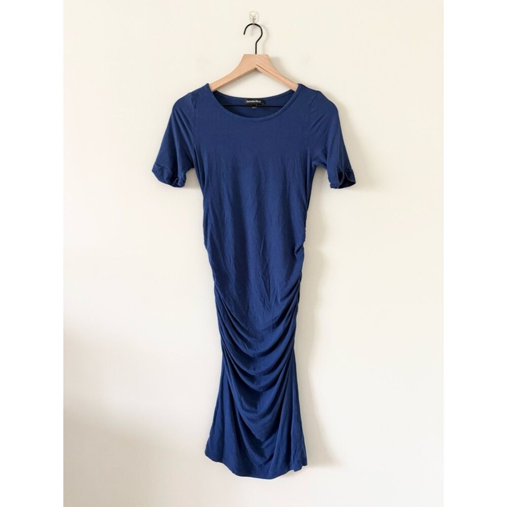 Isabella Oliver Navy 3/4 Sleeve Scoop Neck Ruched Side Midi Dress Size 1